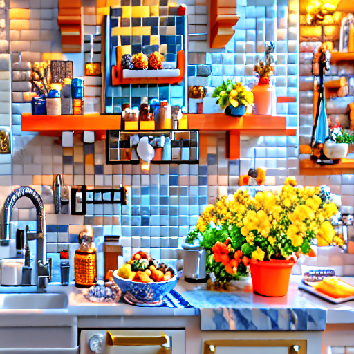 014_An eye level counter-view shows blue tile, a faucet, dish scrubbers, bowls, a squirt bottle and similar kitchen items..png